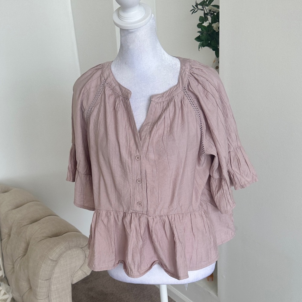 Anthropologie Dusty Pink Ruffled Peplum Blouse - Picture 3 of 9